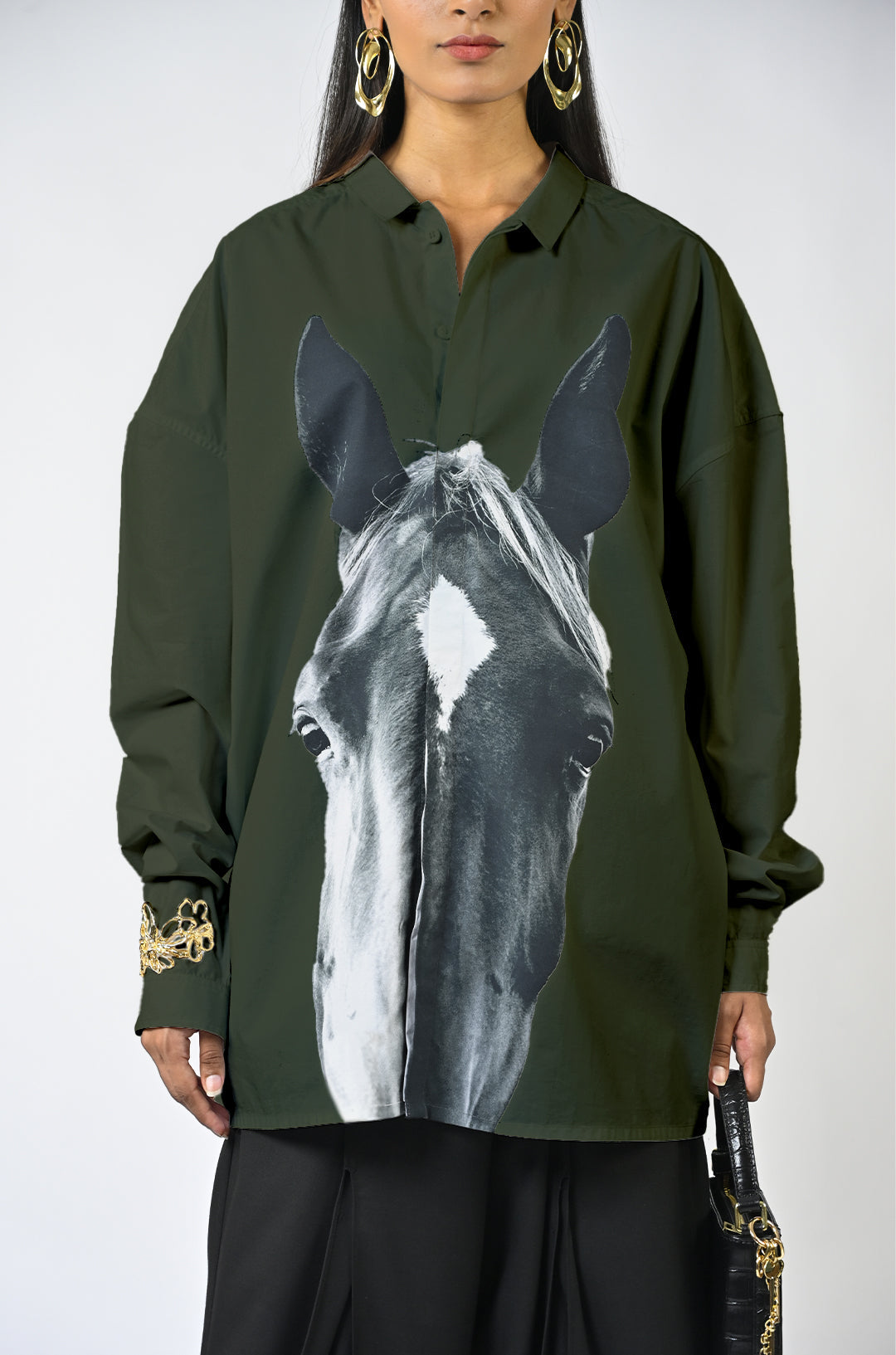 Horse printed cotton shirt - Dark Green
