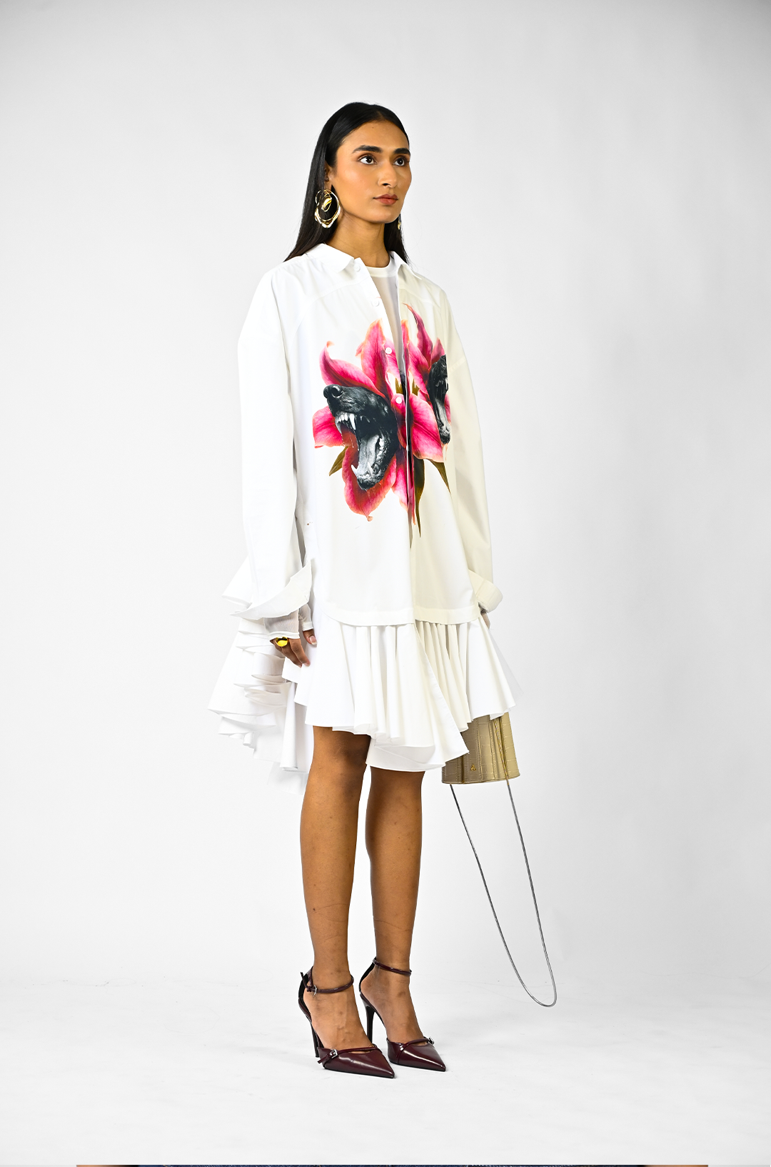 Fanged floral printed ruffle-edged shirt dress