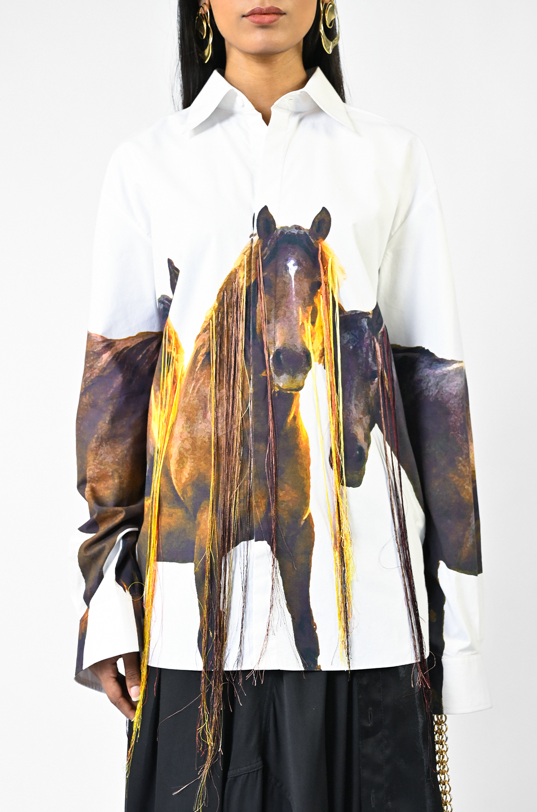 Horse printed cotton shirt with hanging silk threads and synthetic hair