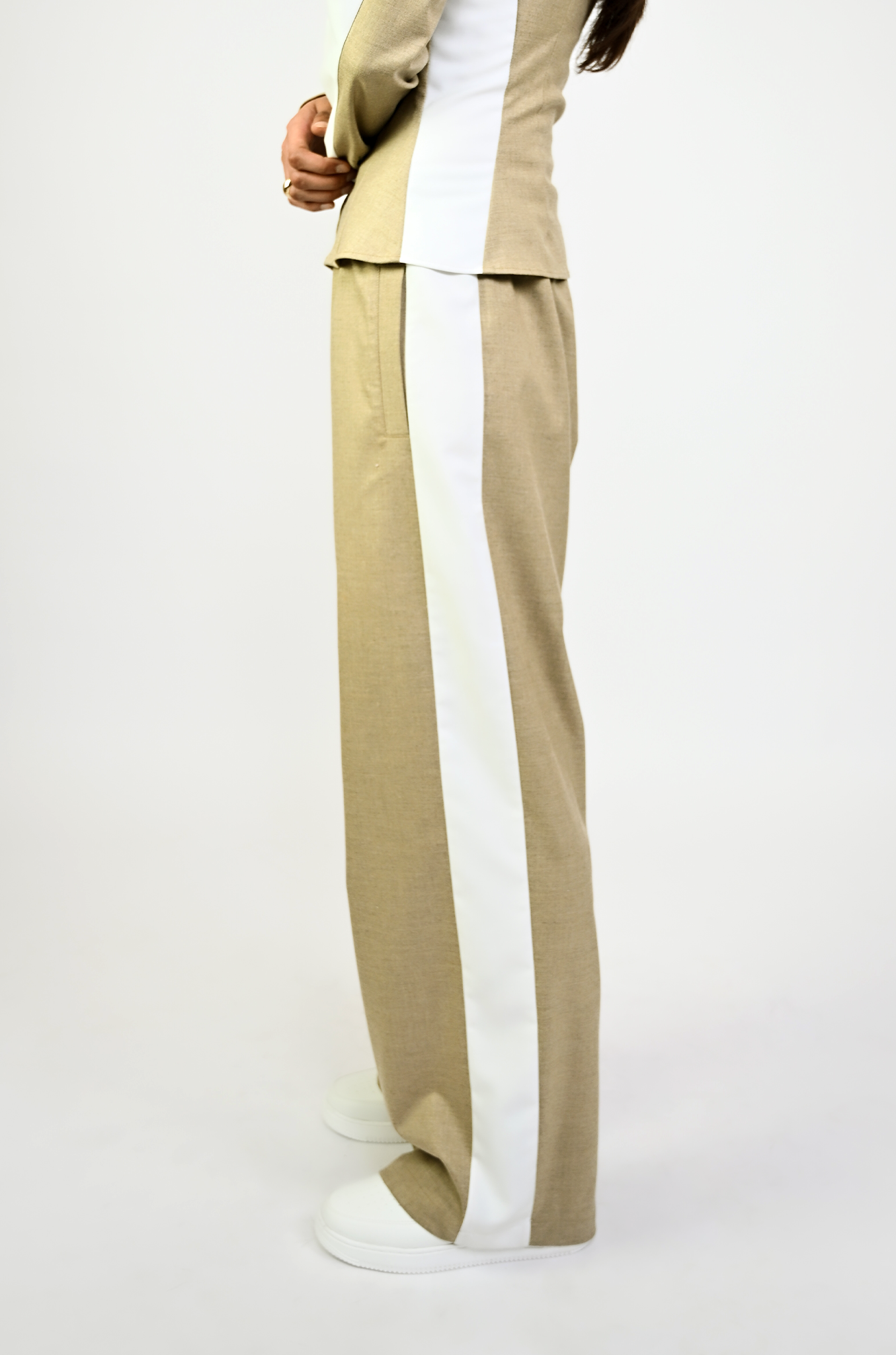 Embroidered trackpant with panelled detail (Beige)