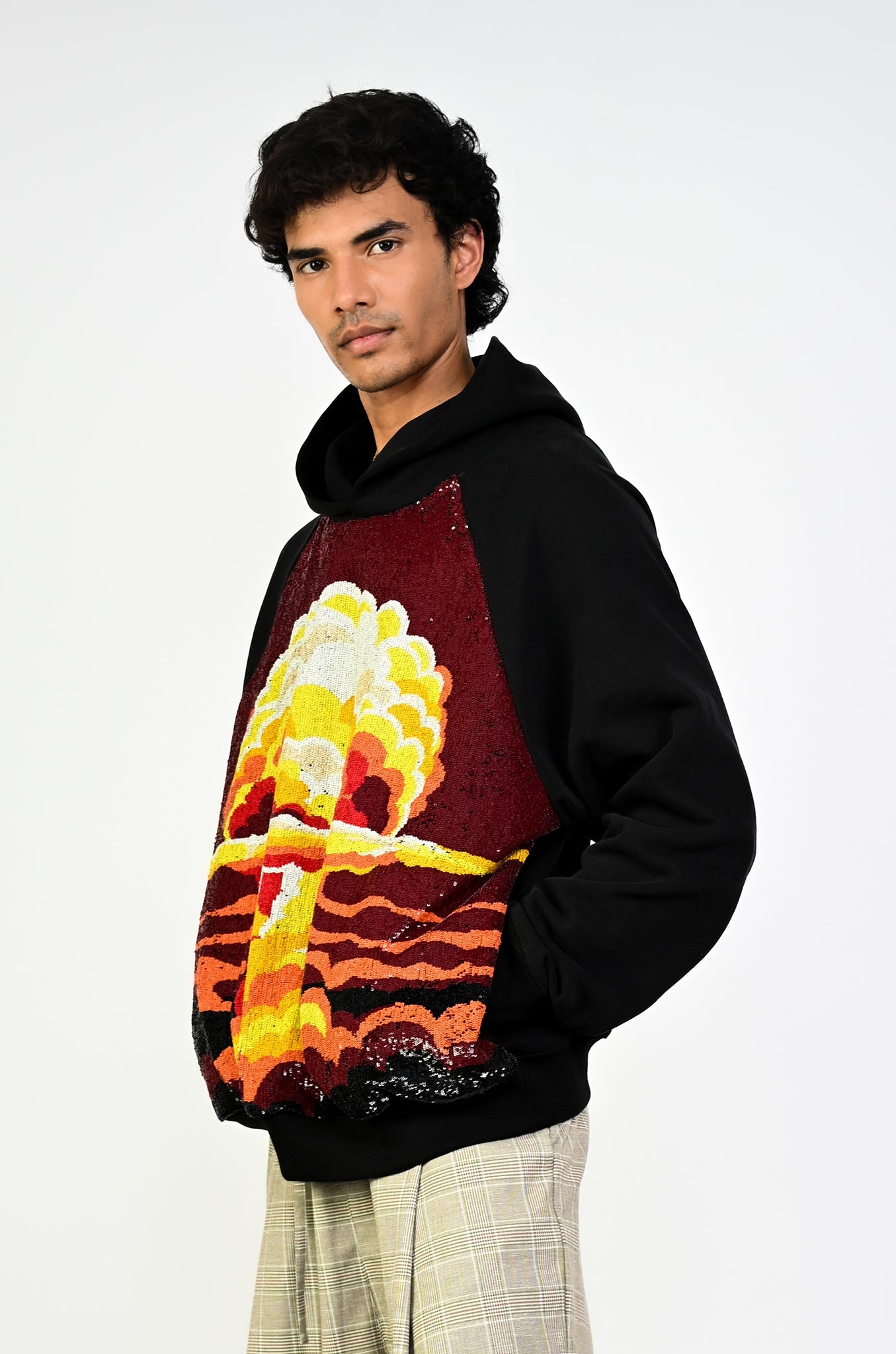 Hand embroidered sequined 'Visions' hoodie (Black)