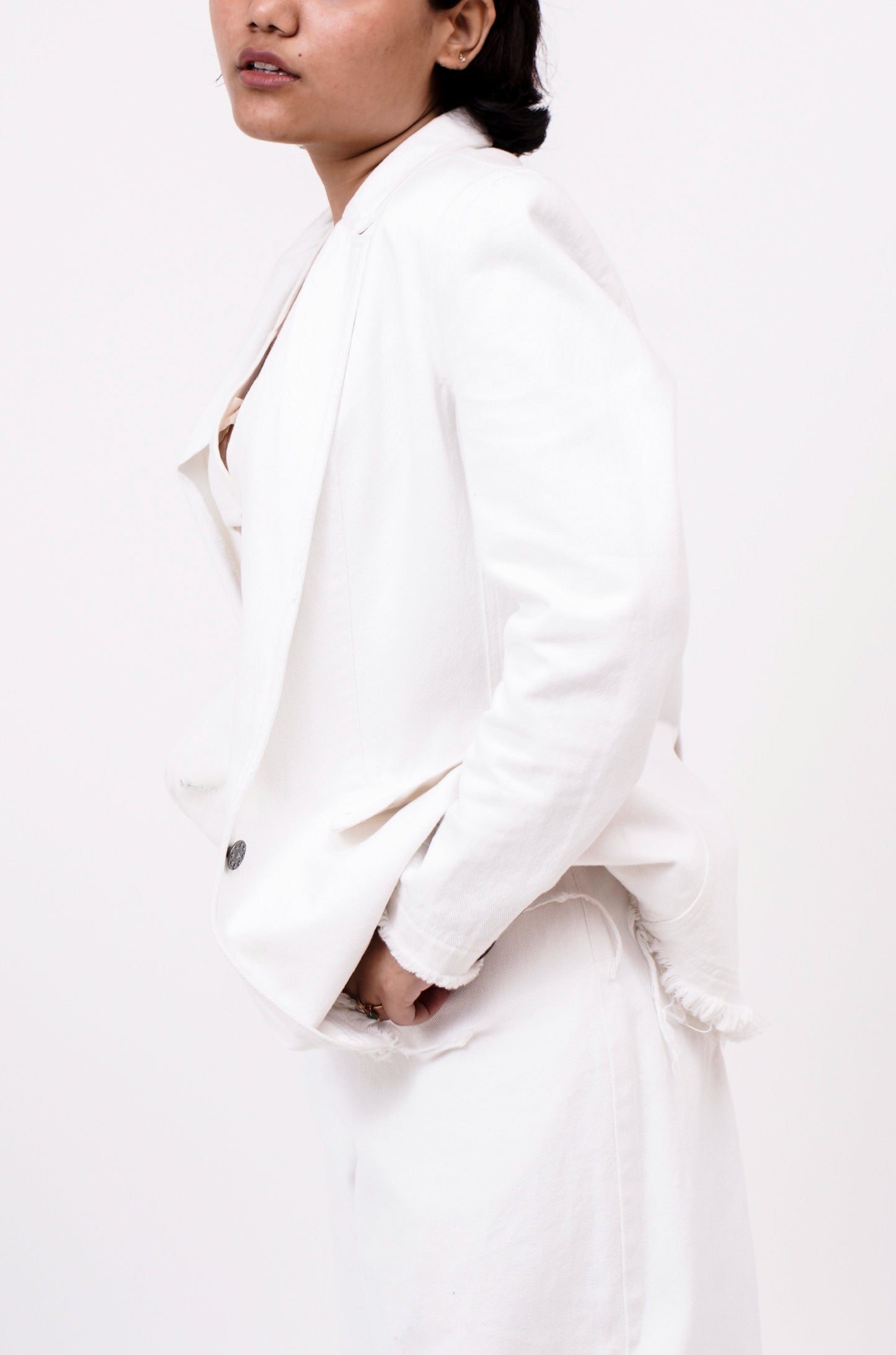 Distressed Denim Blazer (White)