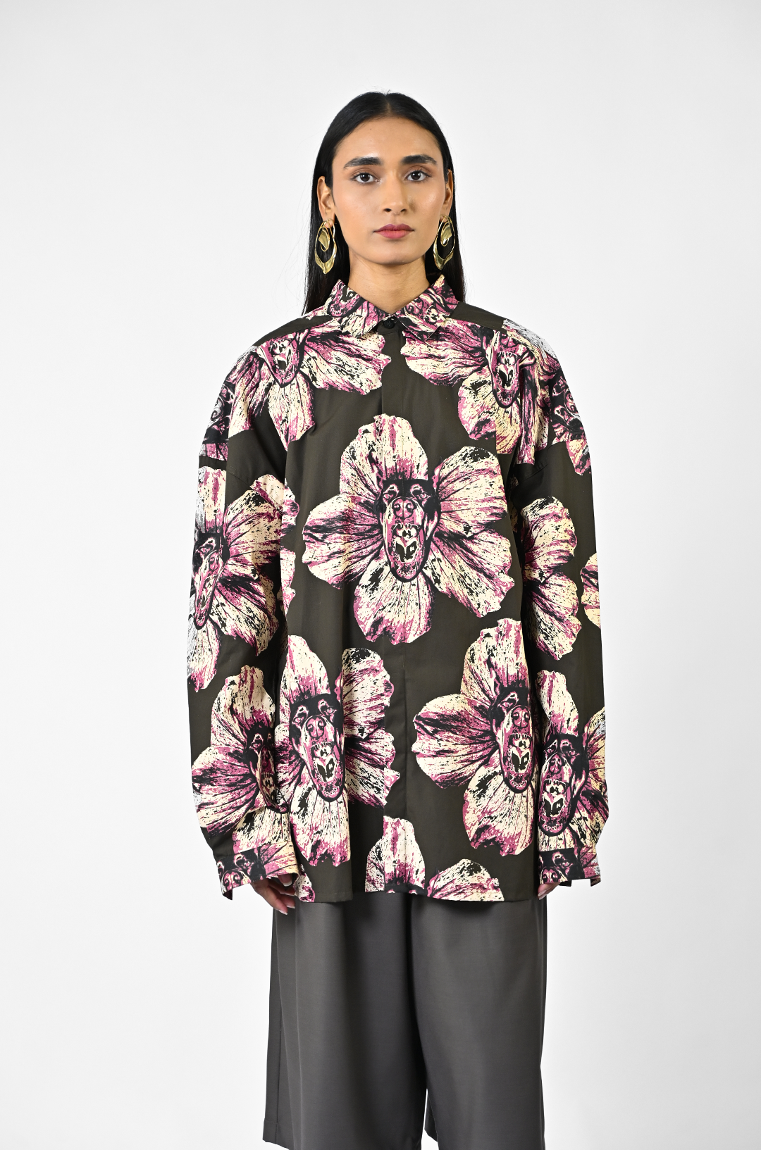 Canine printed oversized cotton shirt - Dark Green