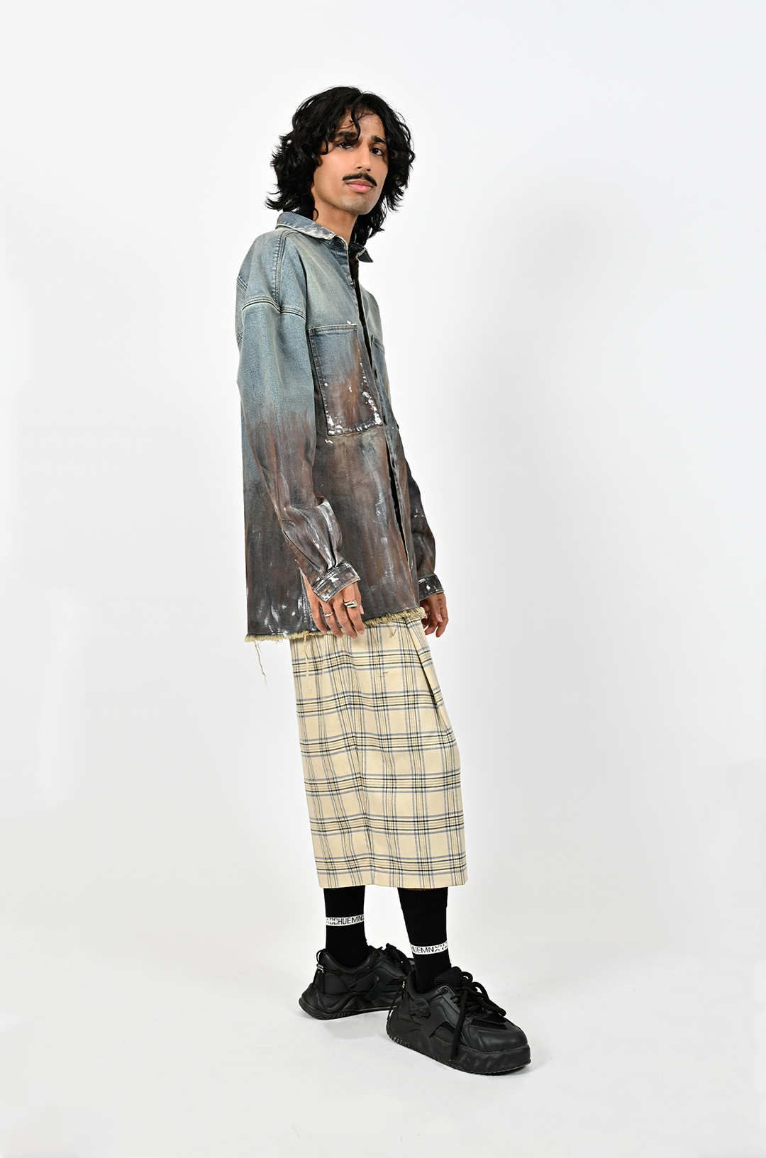 Oversized unisex denim shirt  with hand-painted whitewash surface (Indigo)