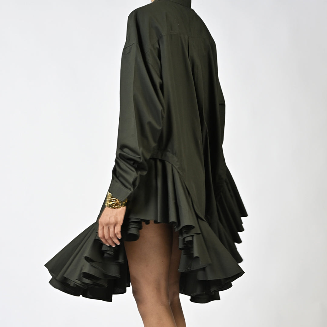 Plain ruffle-edged shirt dress