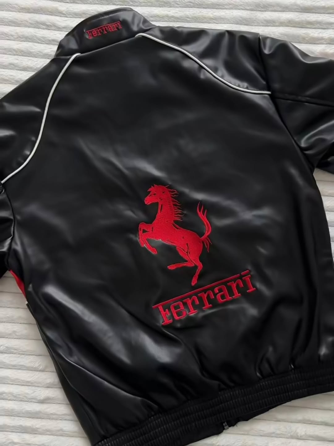 Black Ferrari Leather Jacket – Motorsport Edge Meets Streetwear Swag - Prime Fitz