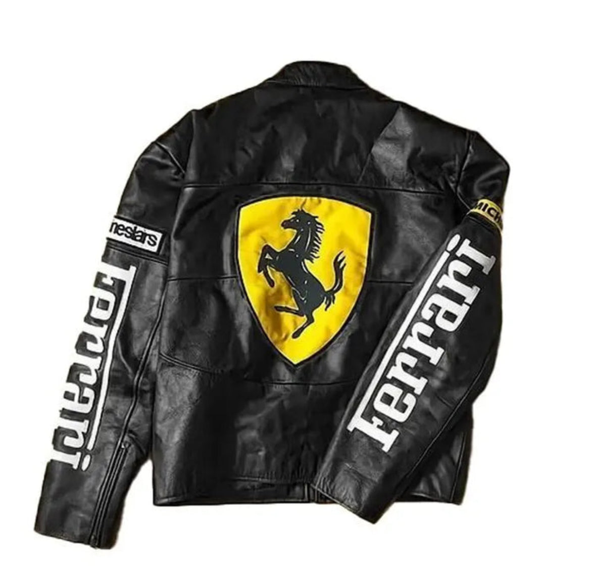 IPACRUM64 Black Ferrari Style Racing Leather Jacket – F1 Inspired Motorsport Chic - Prime Fitz
