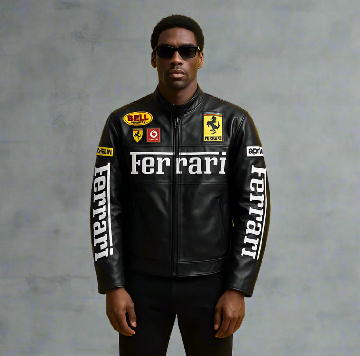 IPACRUM64 Black Ferrari Style Racing Leather Jacket – F1 Inspired Motorsport Chic - Prime Fitz