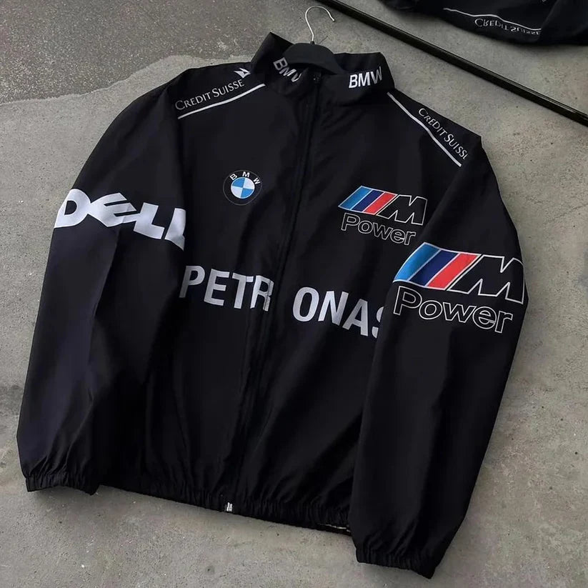 Racing BMW Black Jacket – Bold DTF Print Motorsport Style - Prime Fitz