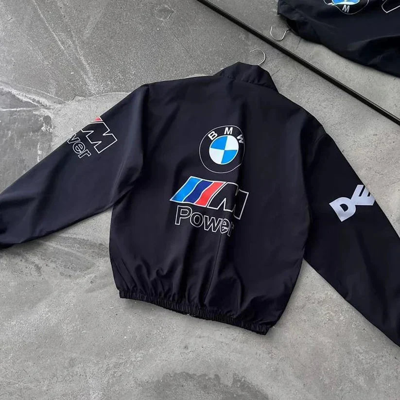 Racing BMW Black Jacket – Bold DTF Print Motorsport Style - Prime Fitz