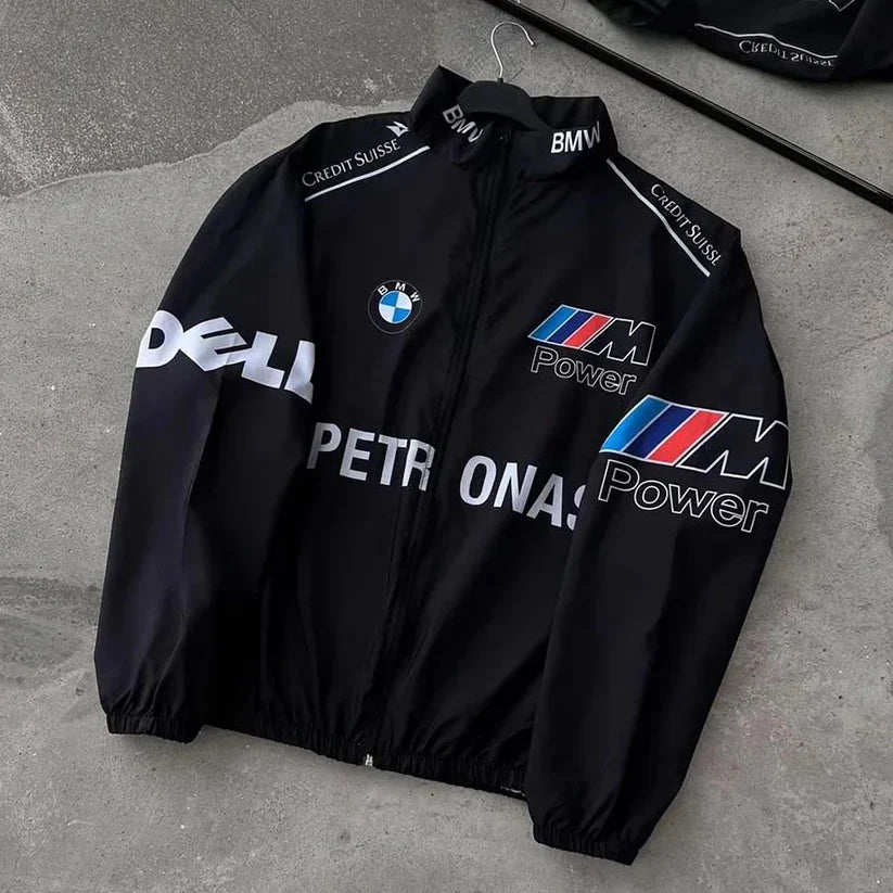Racing BMW Black Jacket – Bold DTF Print Motorsport Style - Prime Fitz