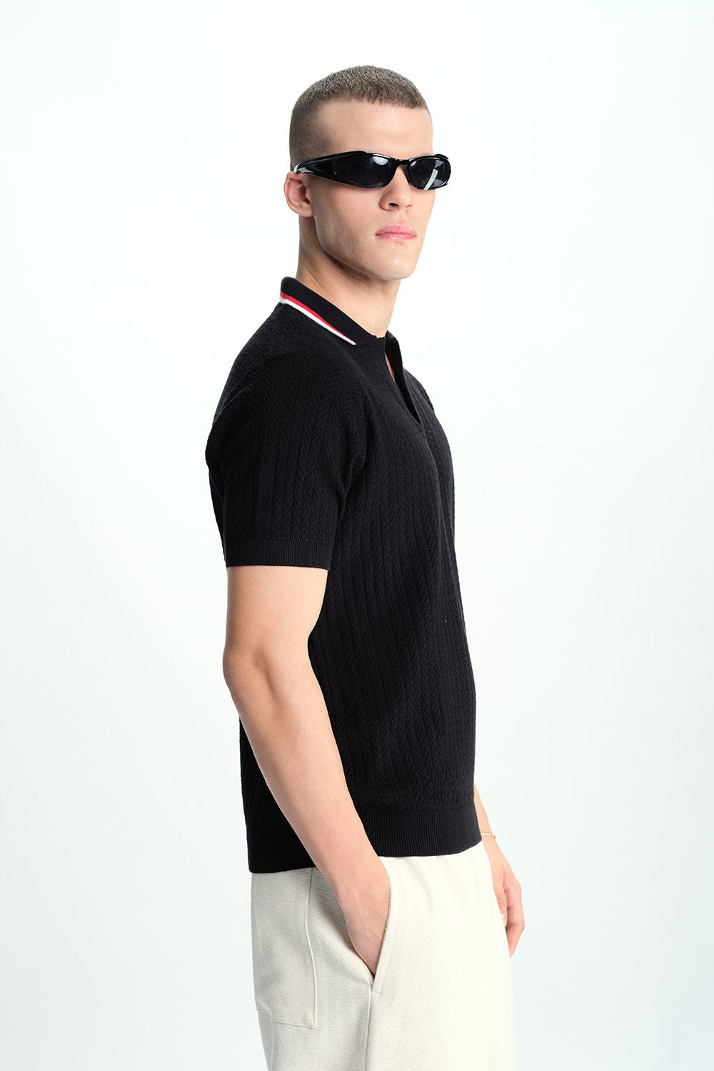 Black Cable Knit Polo