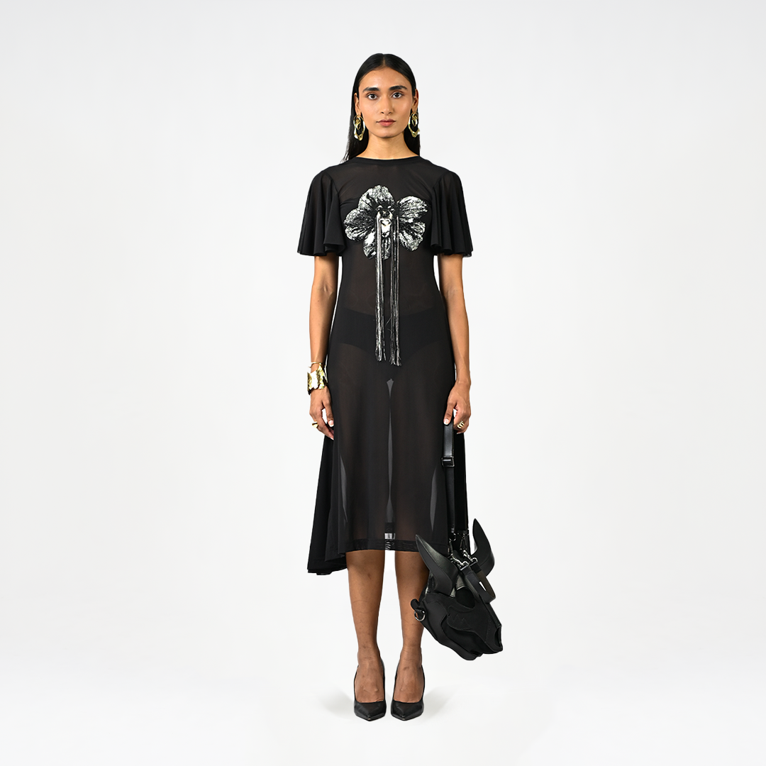 Sculpted black hand-embroidered lycra dress