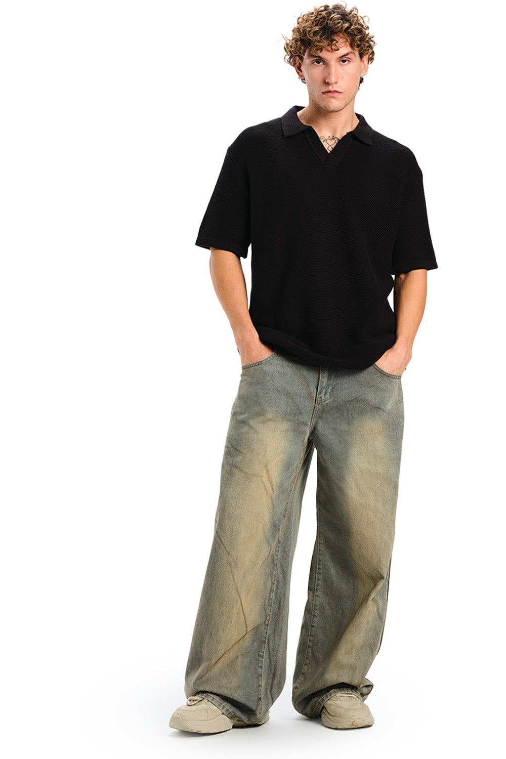 Black Knit Double Textured Polo T-shirt