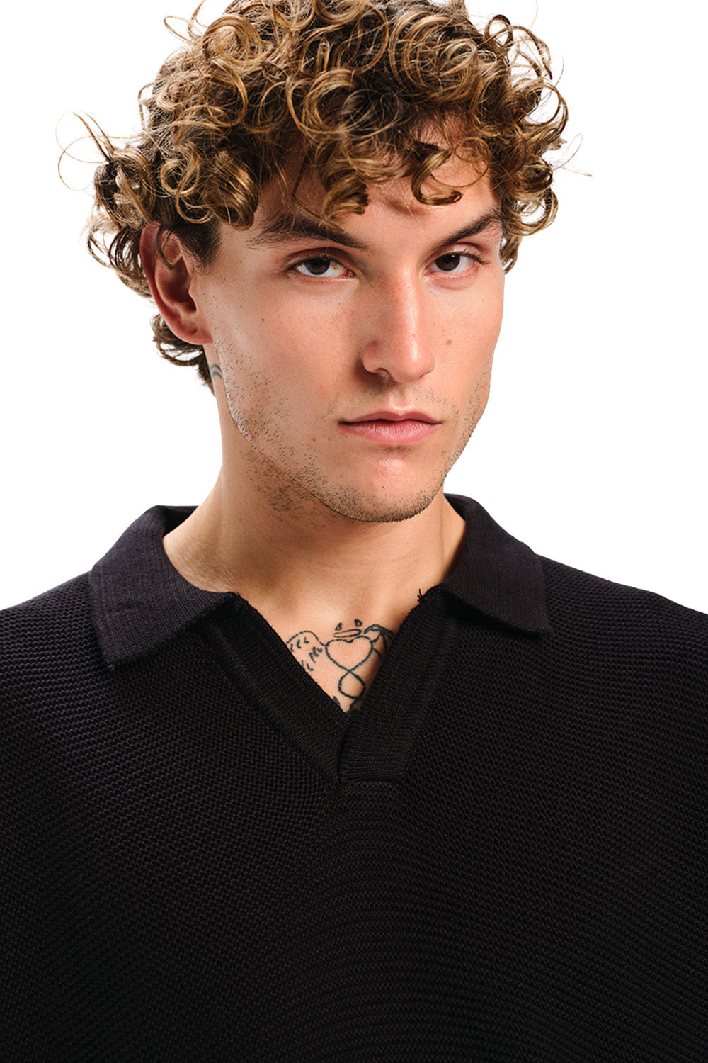 Black Knit Double Textured Polo T-shirt