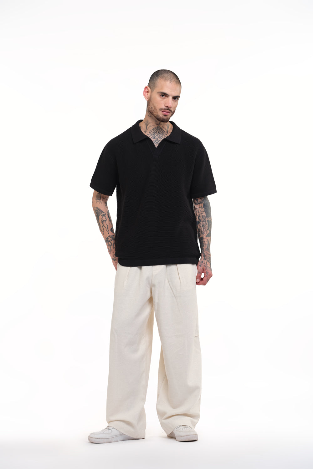 Black V Neck Knitted Polo T-shirt