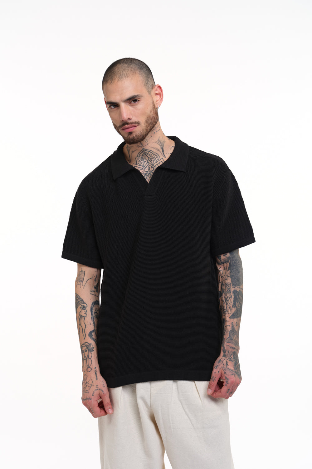 Black V Neck Knitted Polo T-shirt