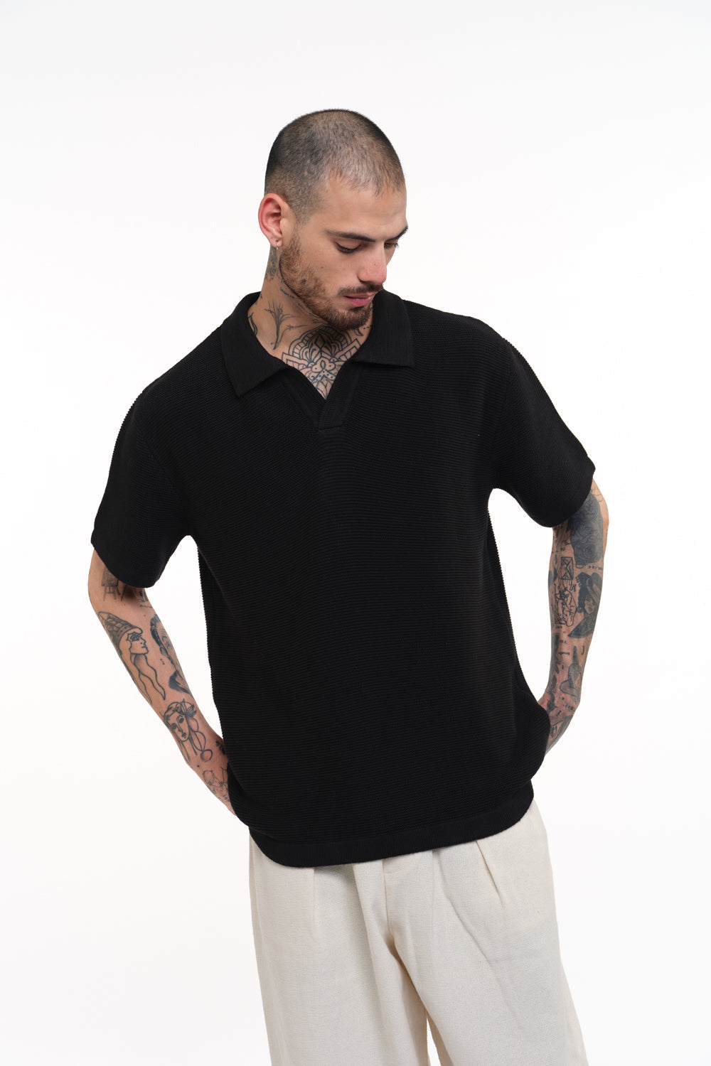 Black V Neck Knitted Polo T-shirt