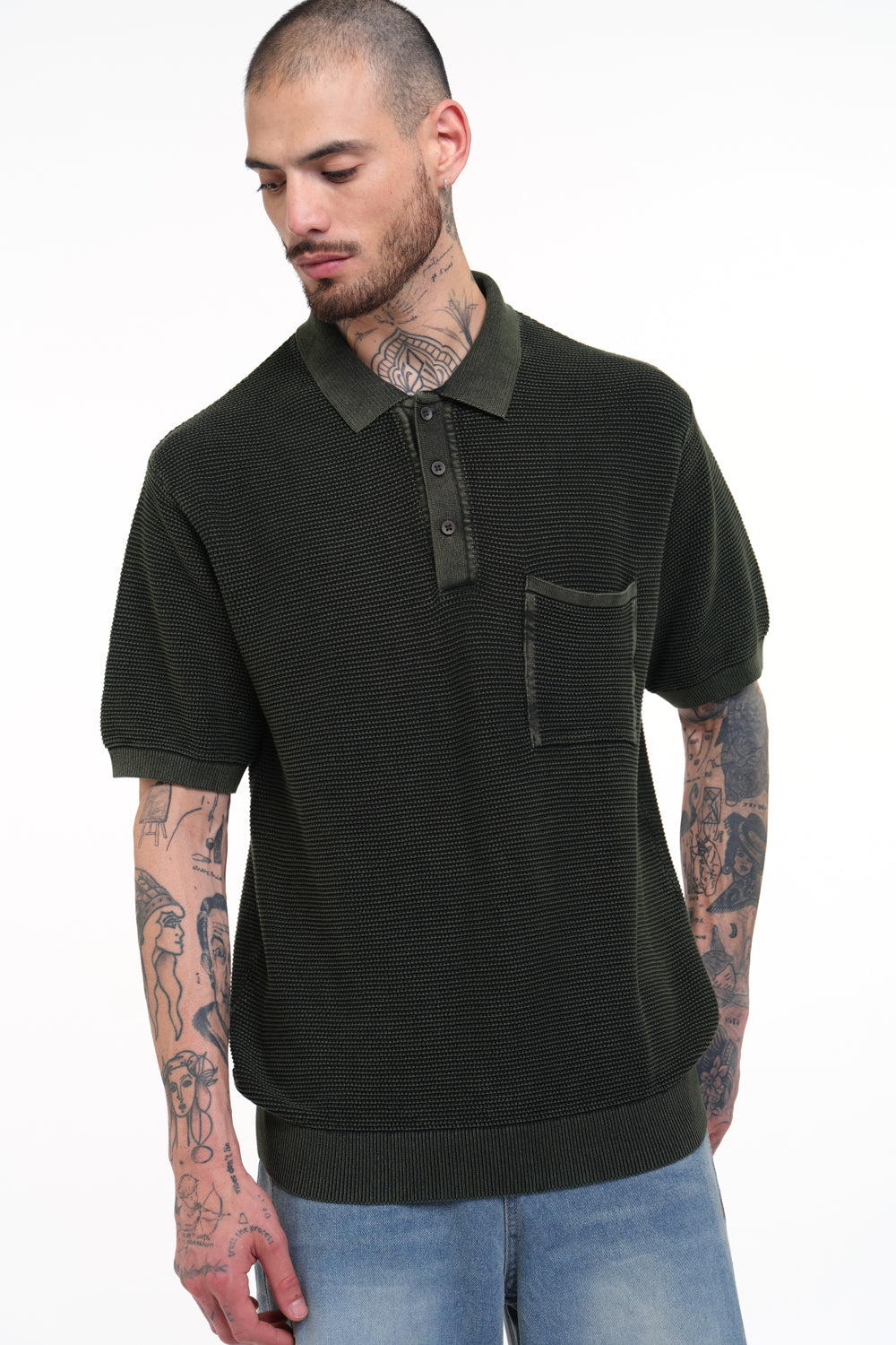 Olive Green Faded Knit Premium Polo