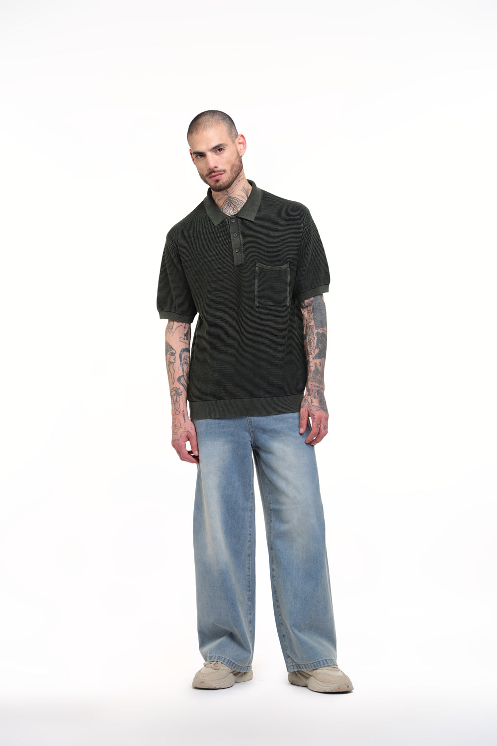 Olive Green Faded Knit Premium Polo