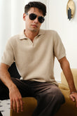 Beige Knit Textured Polo T-shirt