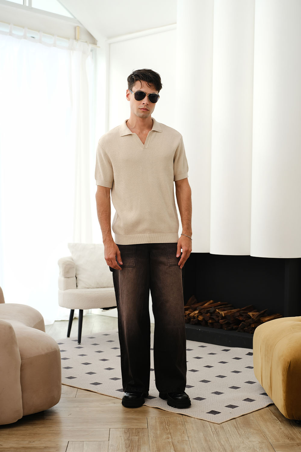 Beige Knit Textured Polo T-shirt