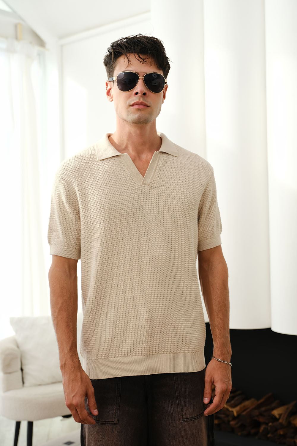 Beige Knit Textured Polo T-shirt