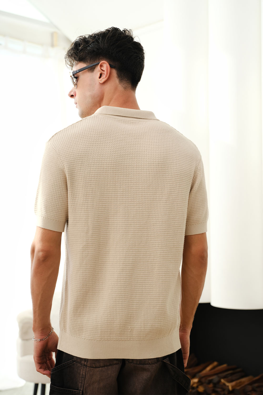 Beige Knit Textured Polo T-shirt