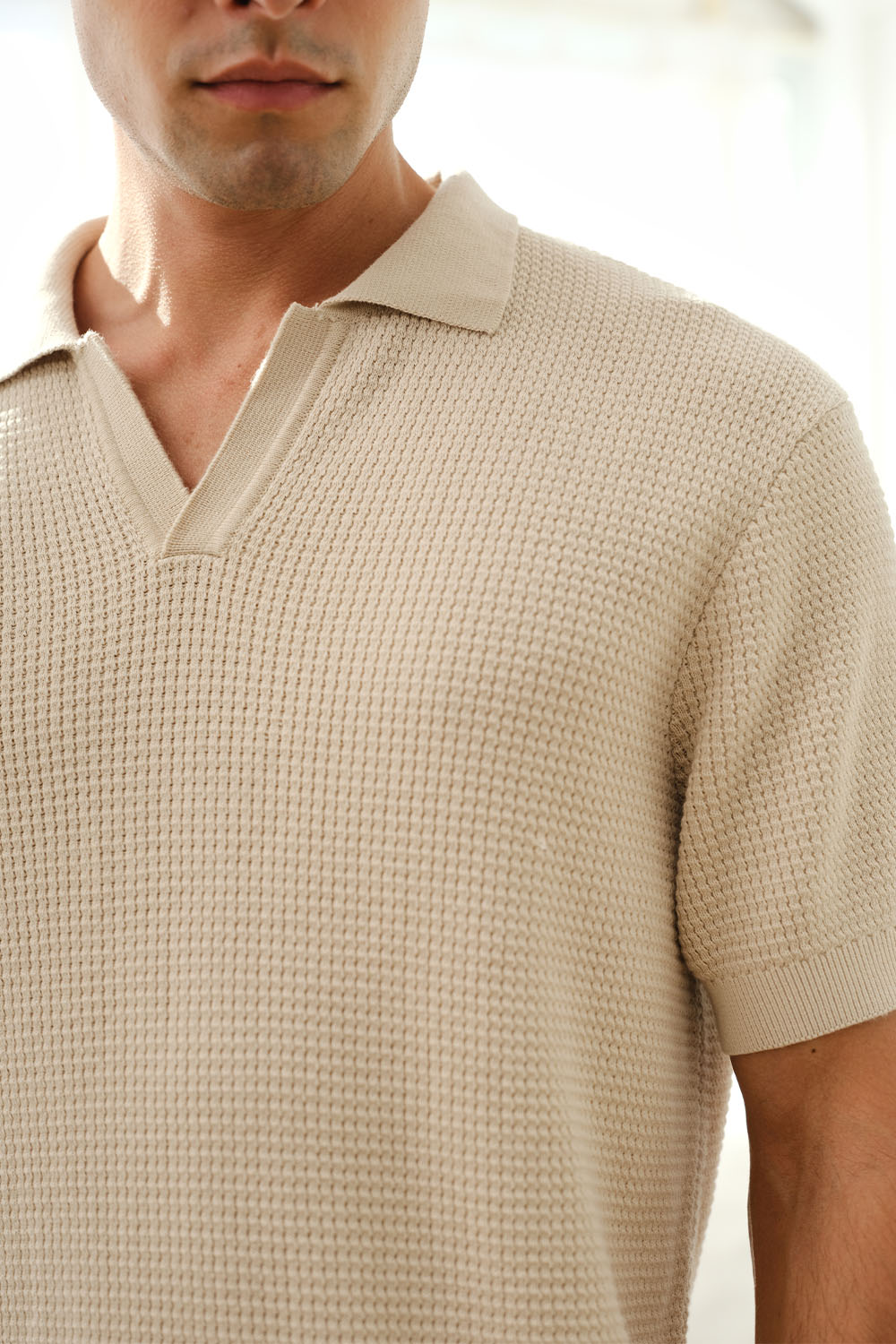 Beige Knit Textured Polo T-shirt