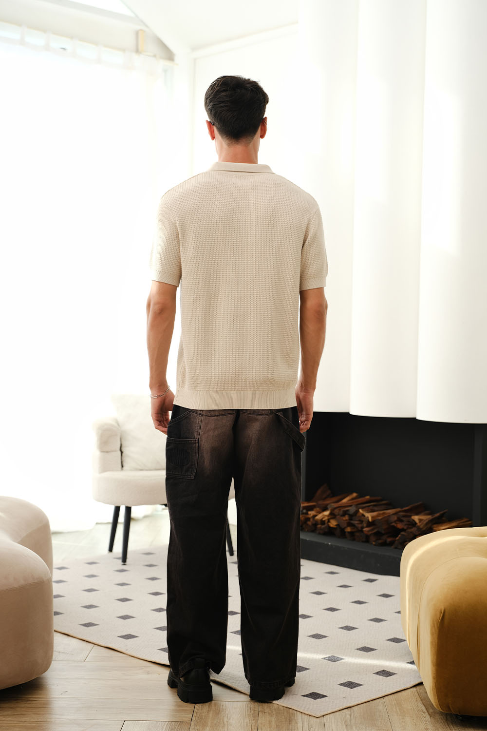 Beige Knit Textured Polo T-shirt