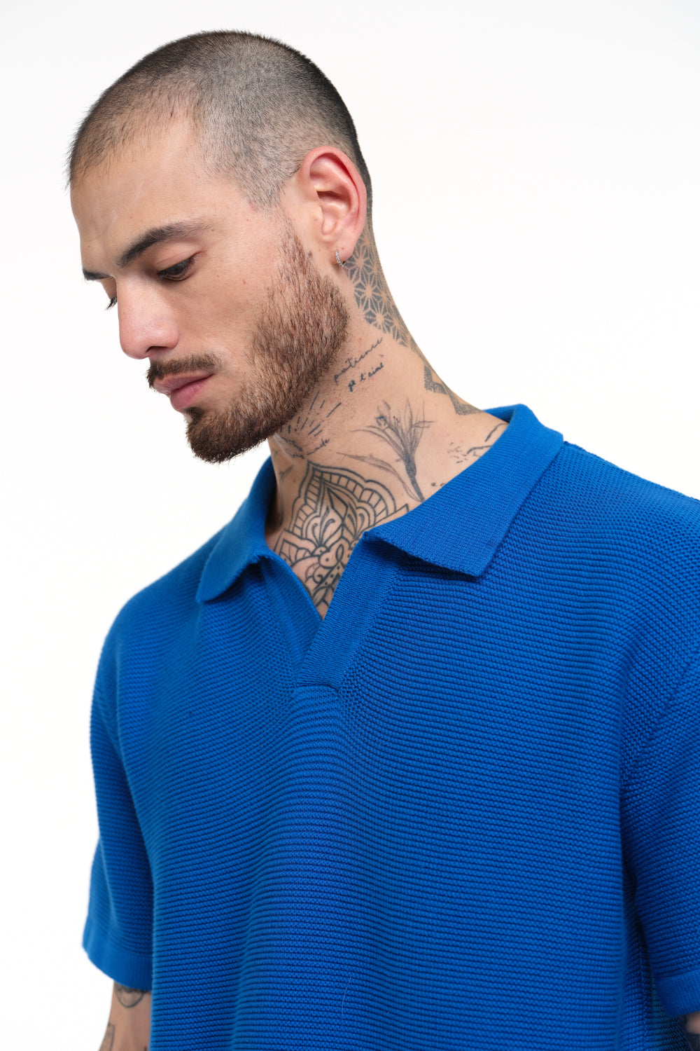 Cobalt Blue Knit Textured Polo T-shirt