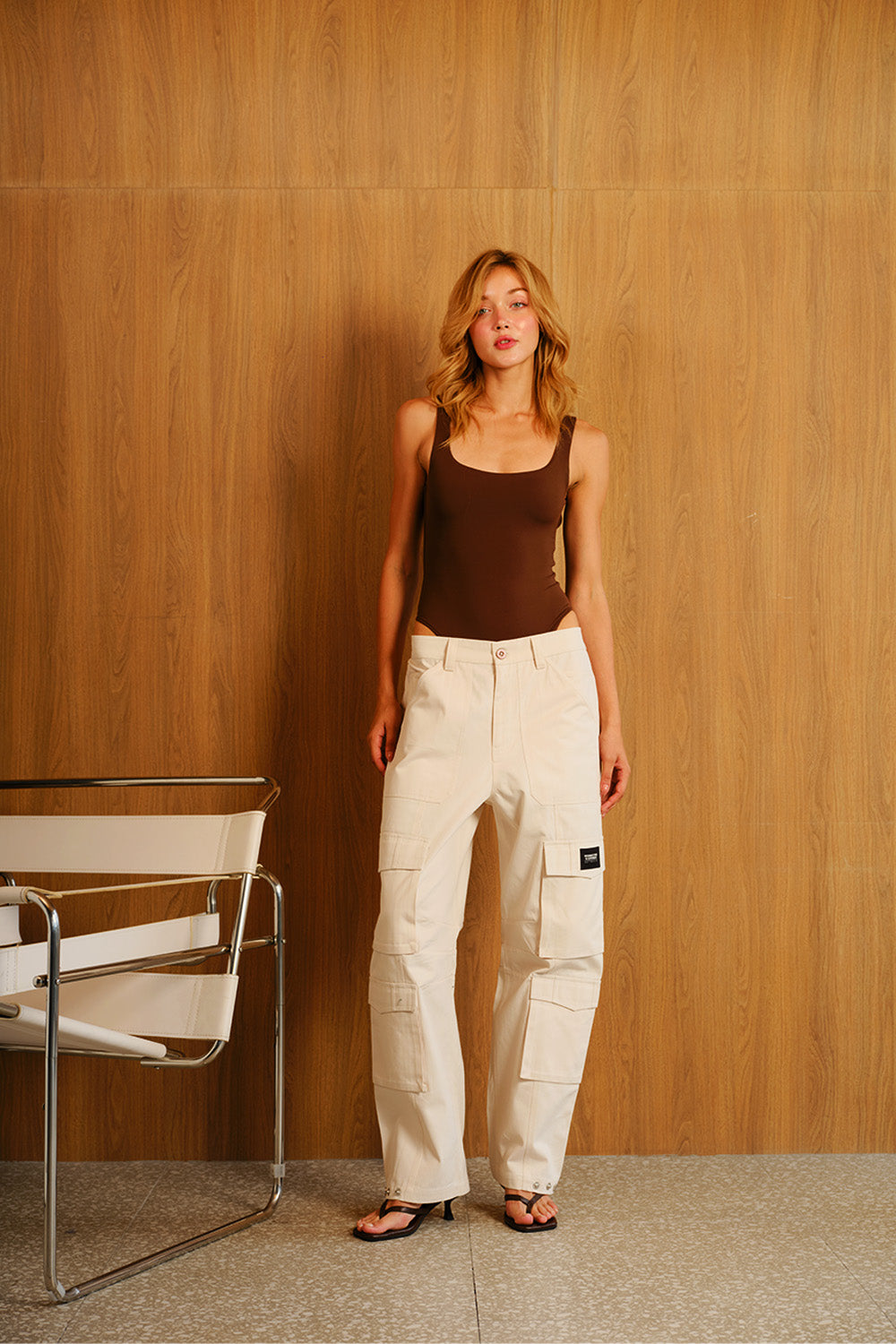 Cream 8 Pockets Cargo Pant