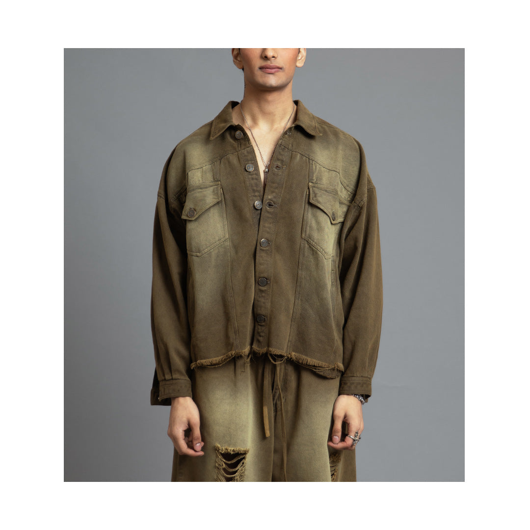 SuperHUEMN 'Sand' Washed Distressed Denim Jacket (Olive Brown)