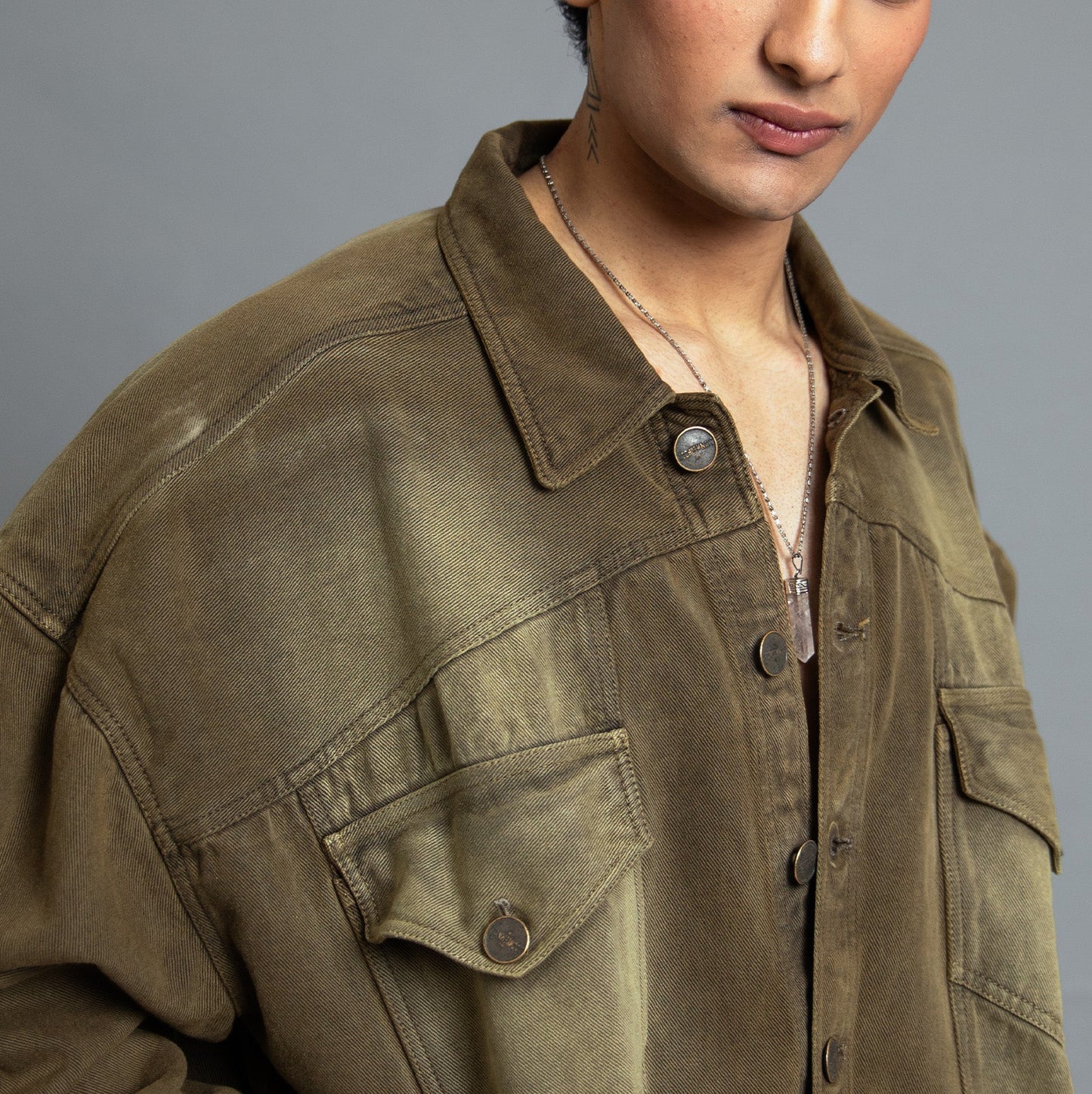 SuperHUEMN 'Sand' Washed Distressed Denim Jacket (Olive Brown)