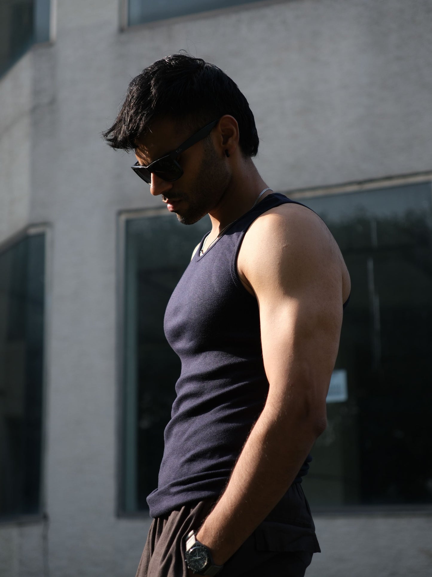 Skin Fit Ribbed Tank Top - Blueberry Navy