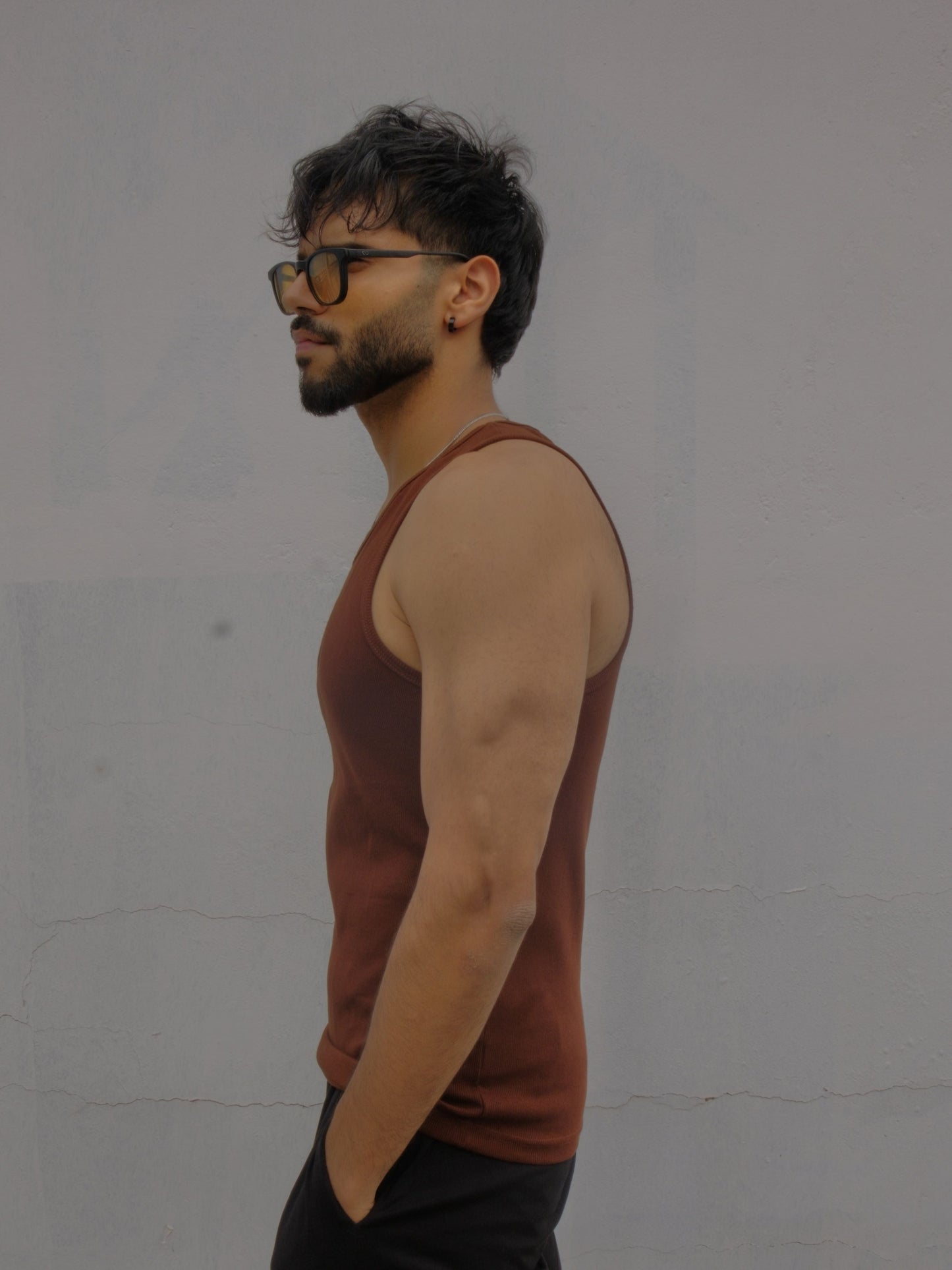 Skin Fit Ribbed Tank Top  Brown