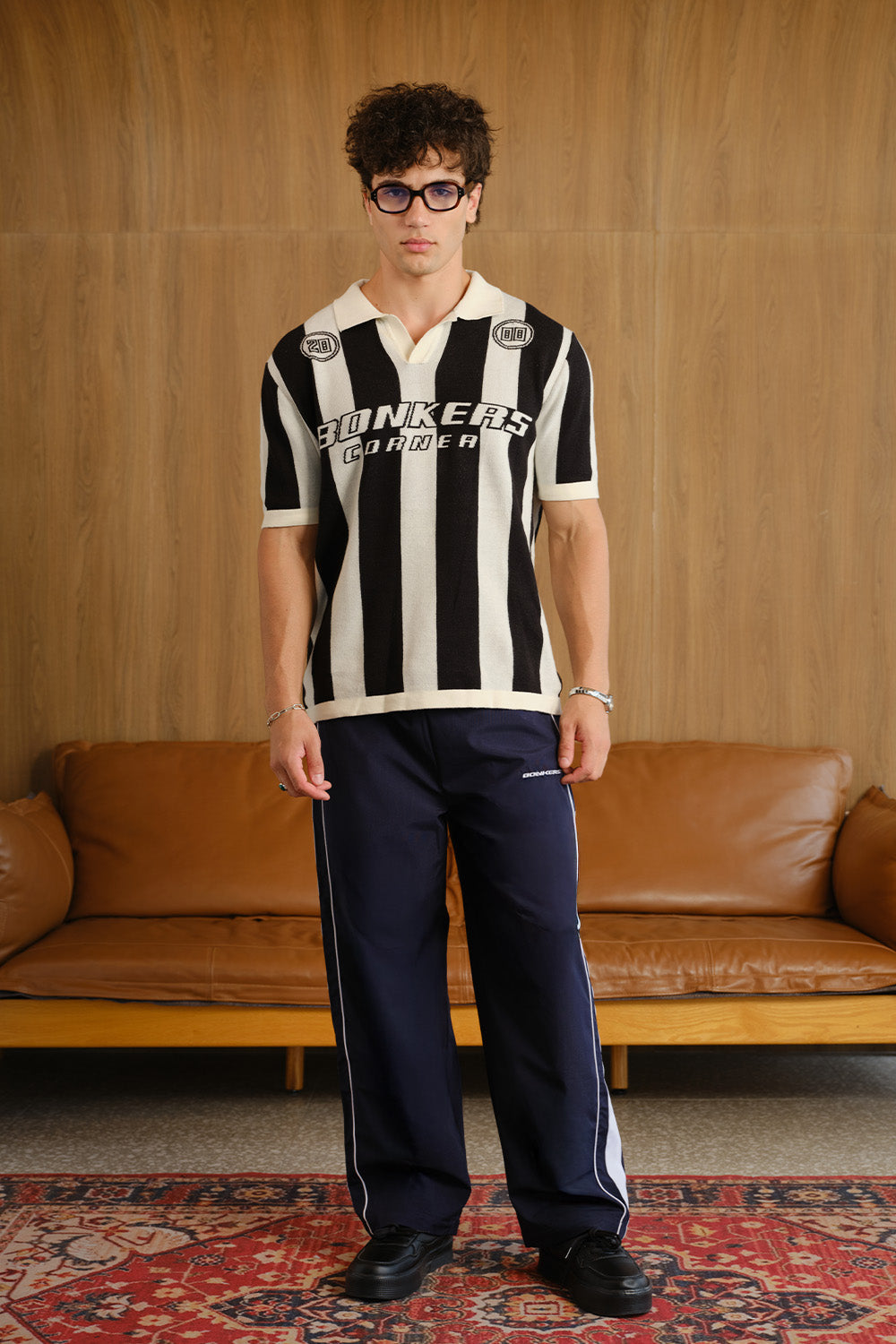 Navy Blue Tape Wide Leg Joggers