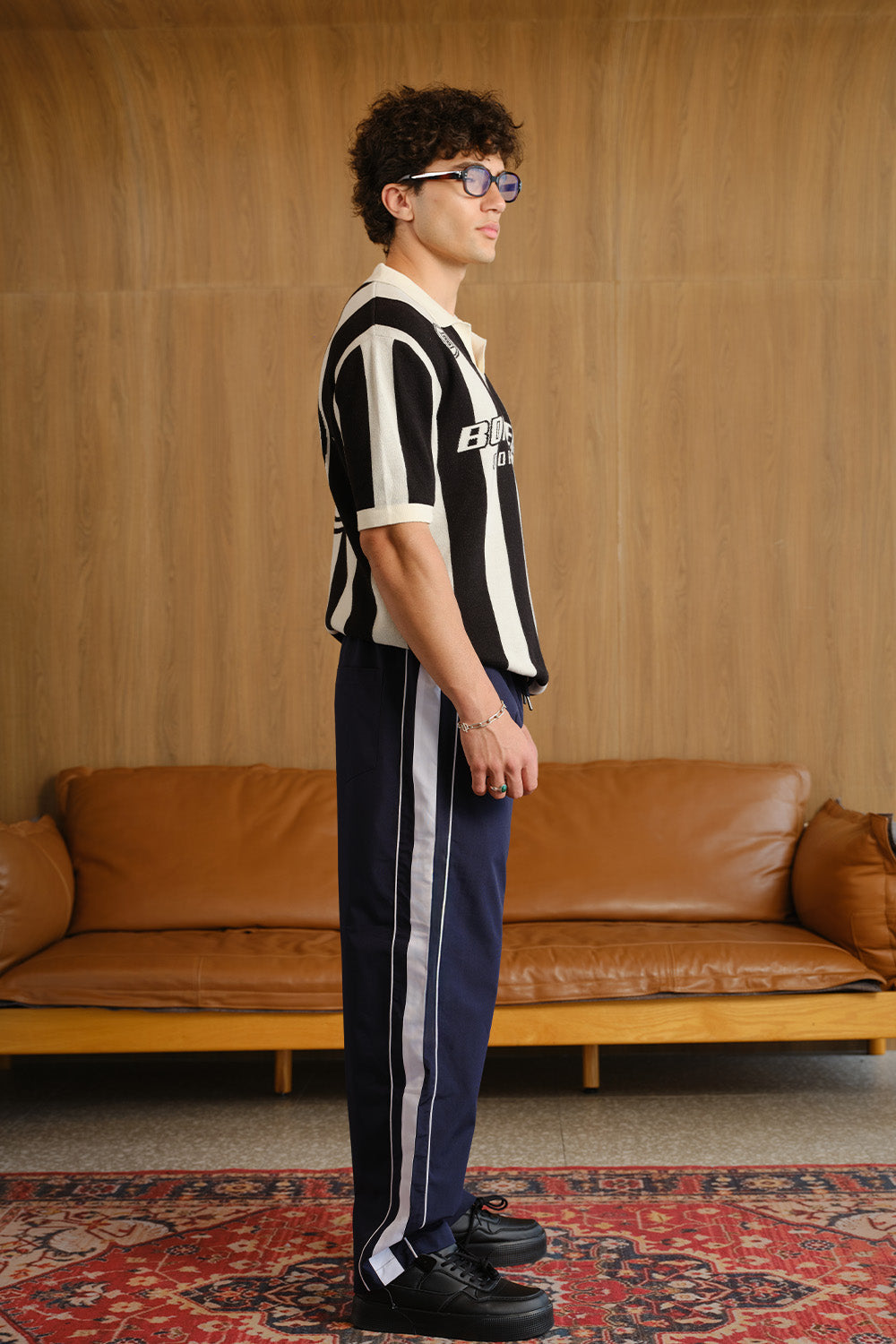 Navy Blue Tape Wide Leg Joggers