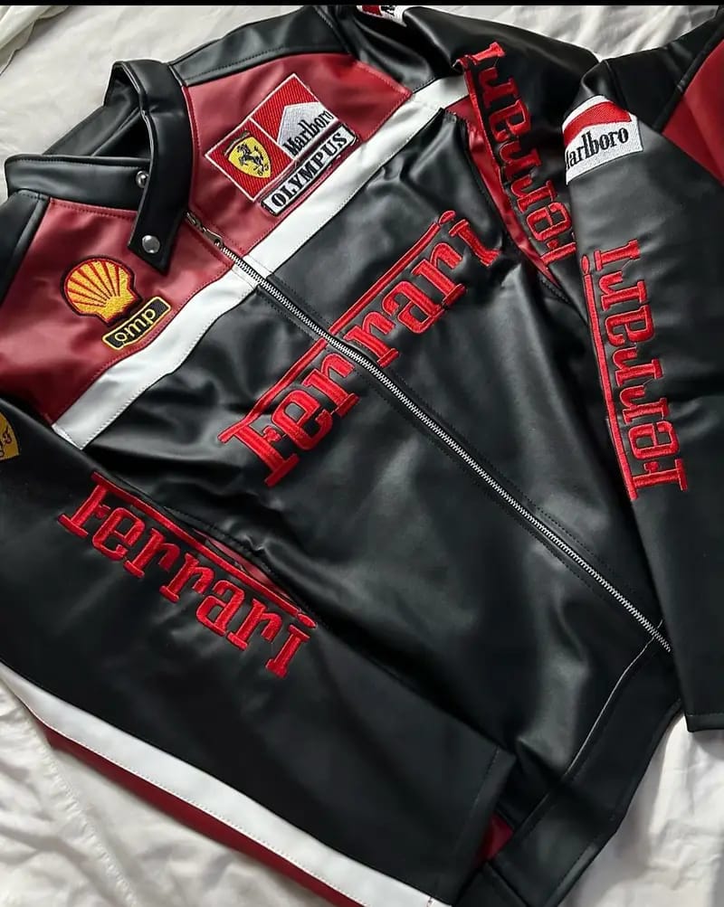 Ferrari F1 Leather Racing Jacket – Classic Motorsport Elegance - Prime Fitz