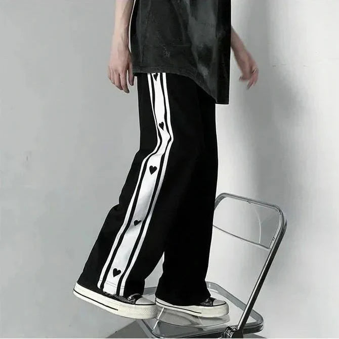 Aesthetic Heart-Print Baggy Track Pants – Unisex Streetwear Essential - Prime Fitz