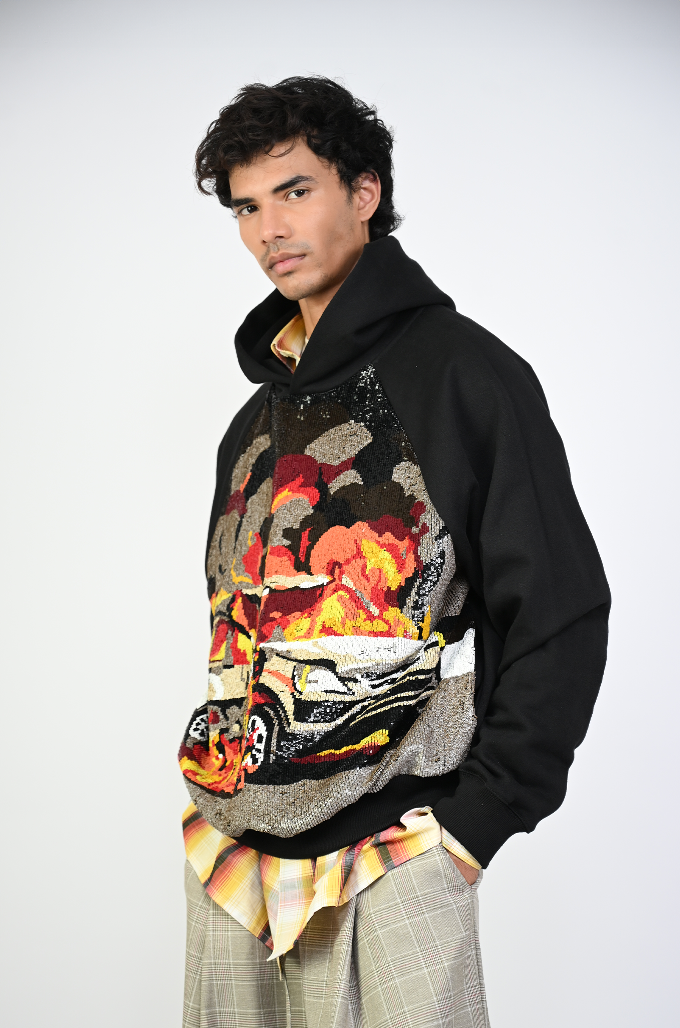 Hand embroidered sequined 'On fire' hoodie (Black)