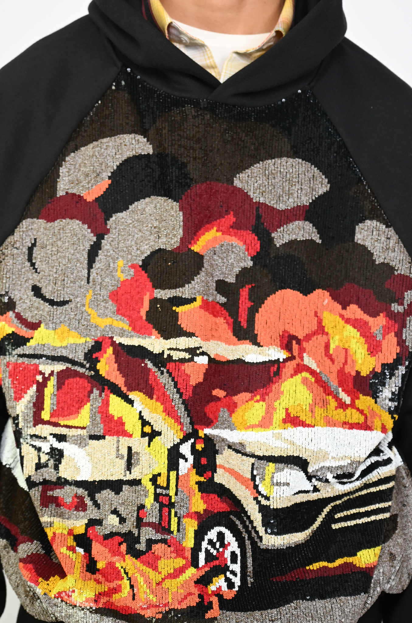 Hand embroidered sequined 'On fire' hoodie (Black)