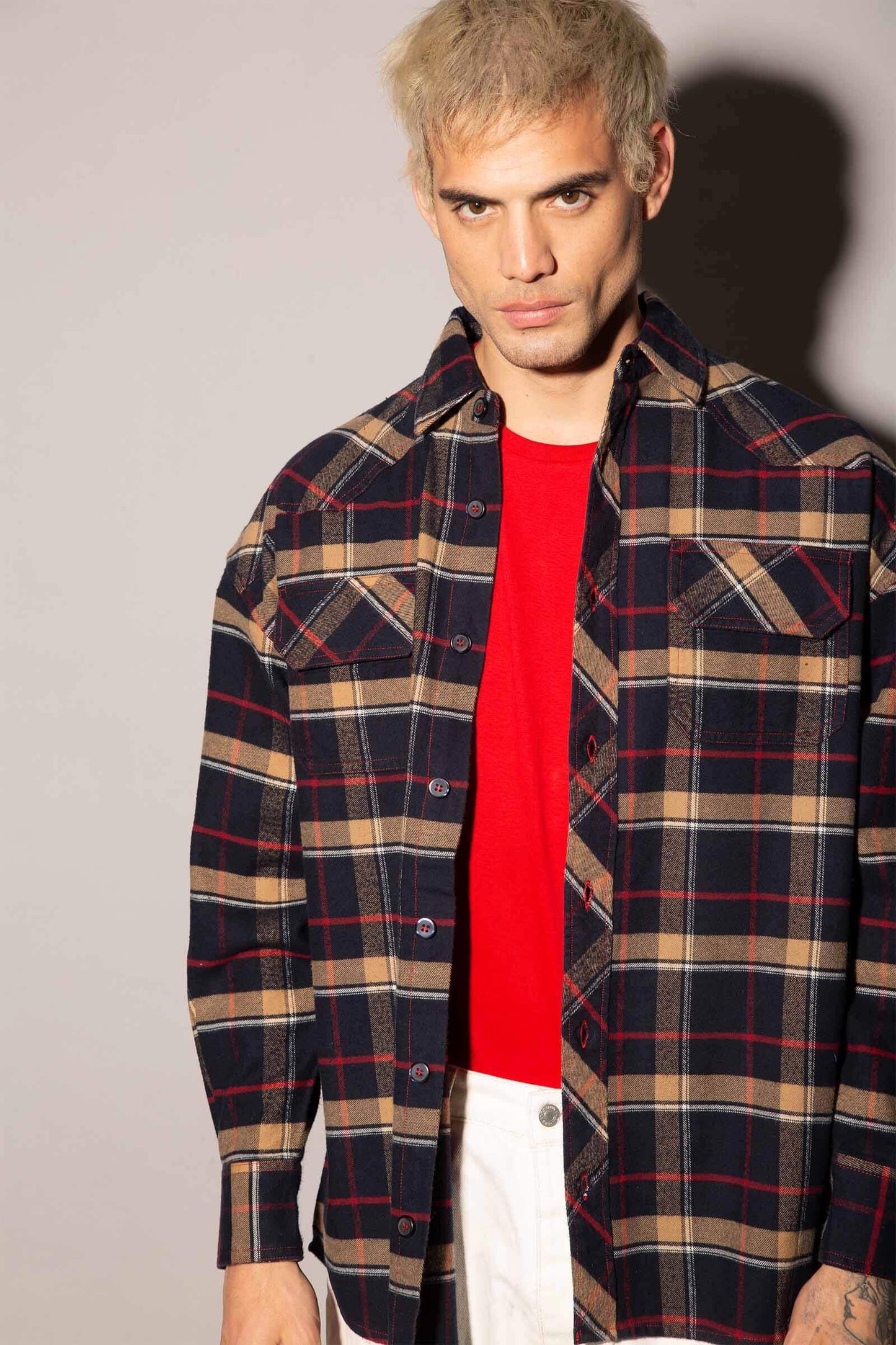 Dark Navy Blue Checkered Plaid Oversized Shirt