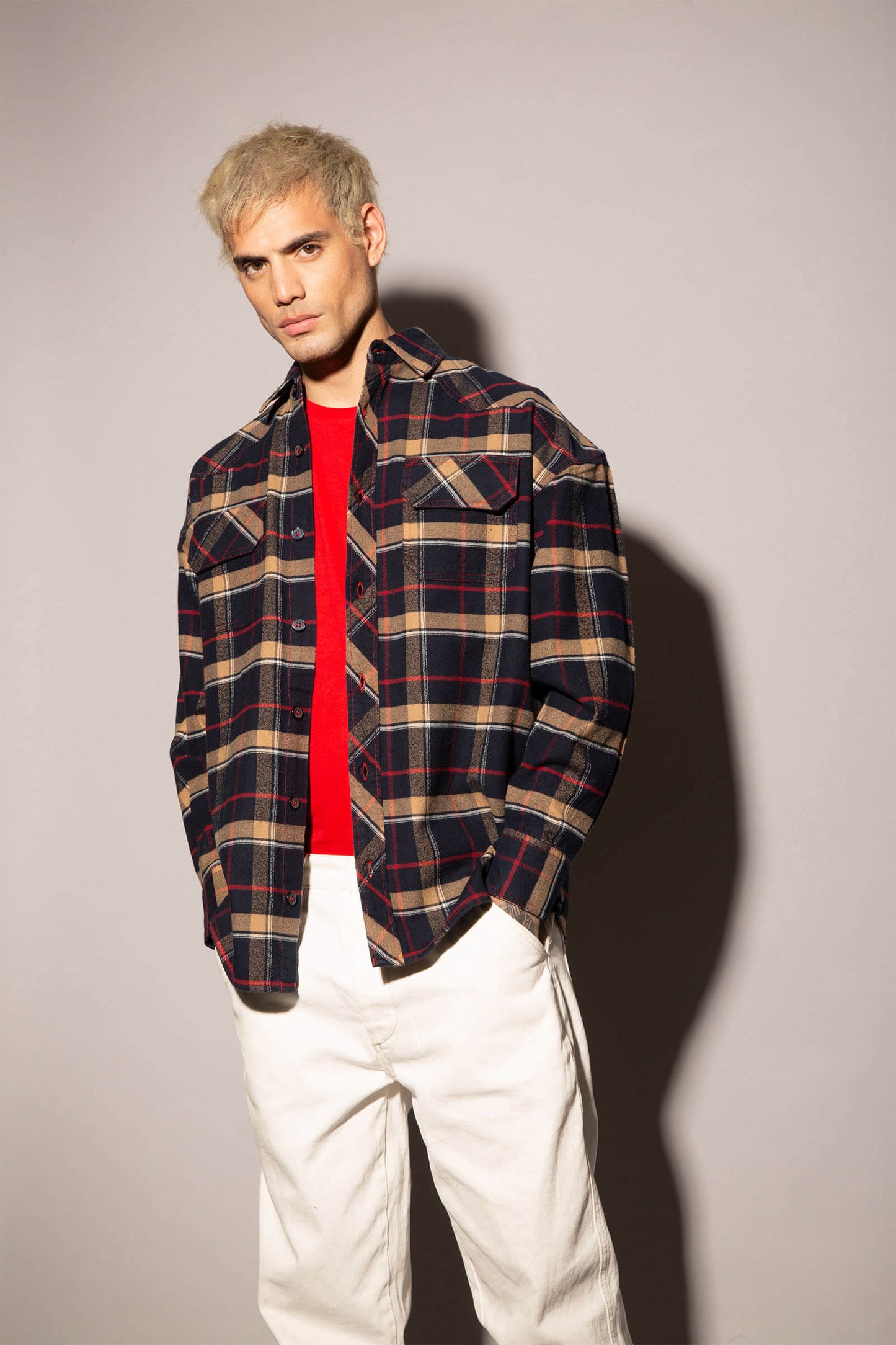 Dark Navy Blue Checkered Plaid Oversized Shirt