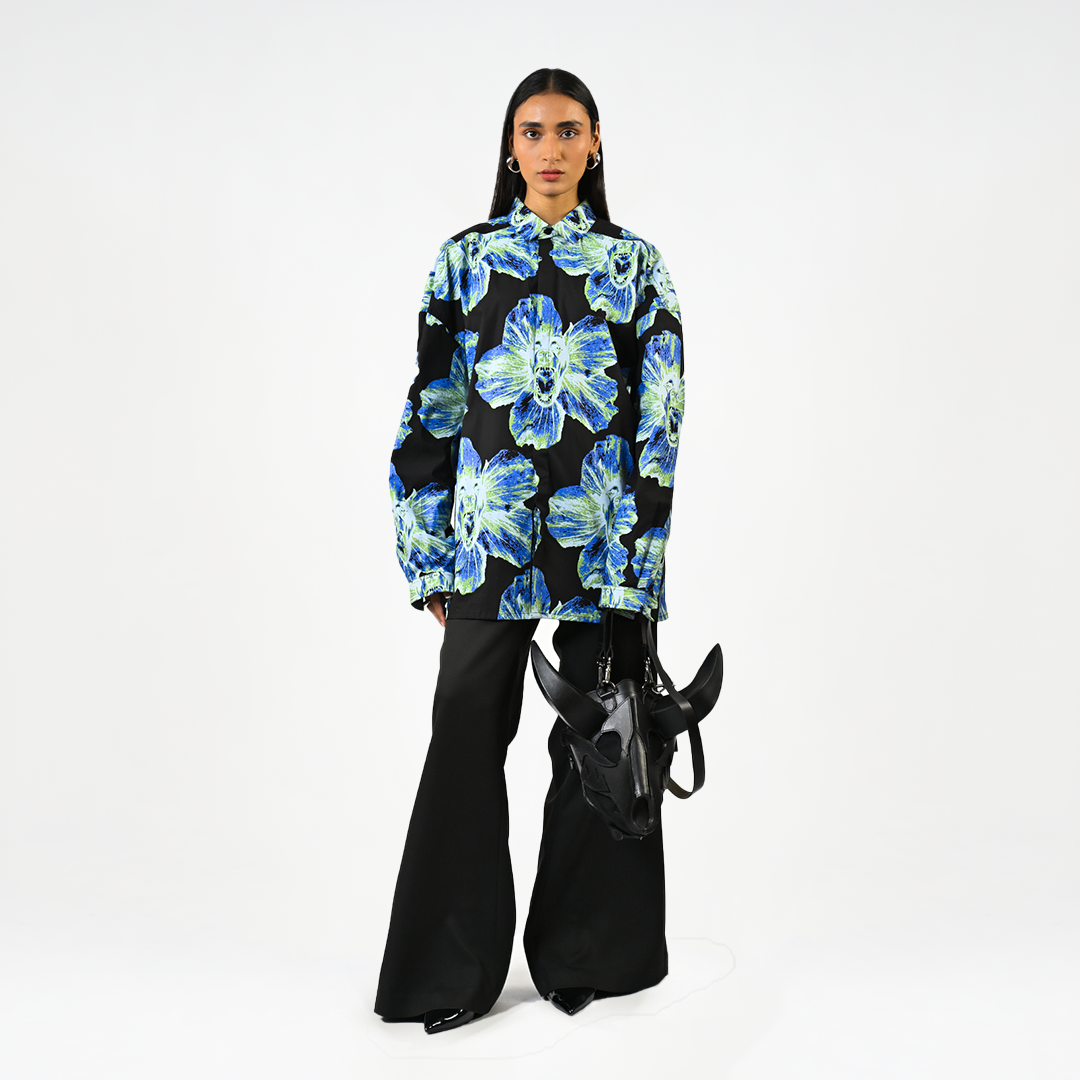 Canine printed oversized cotton shirt - Black