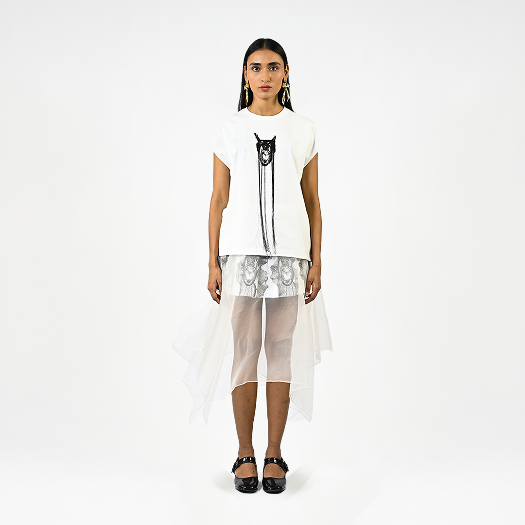 Hand-embroidered canine top with hanging silk threads (Women's) - White