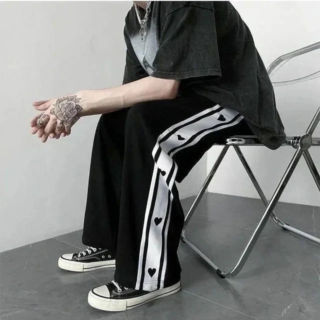 Aesthetic Heart-Print Baggy Track Pants – Unisex Streetwear Essential - Prime Fitz