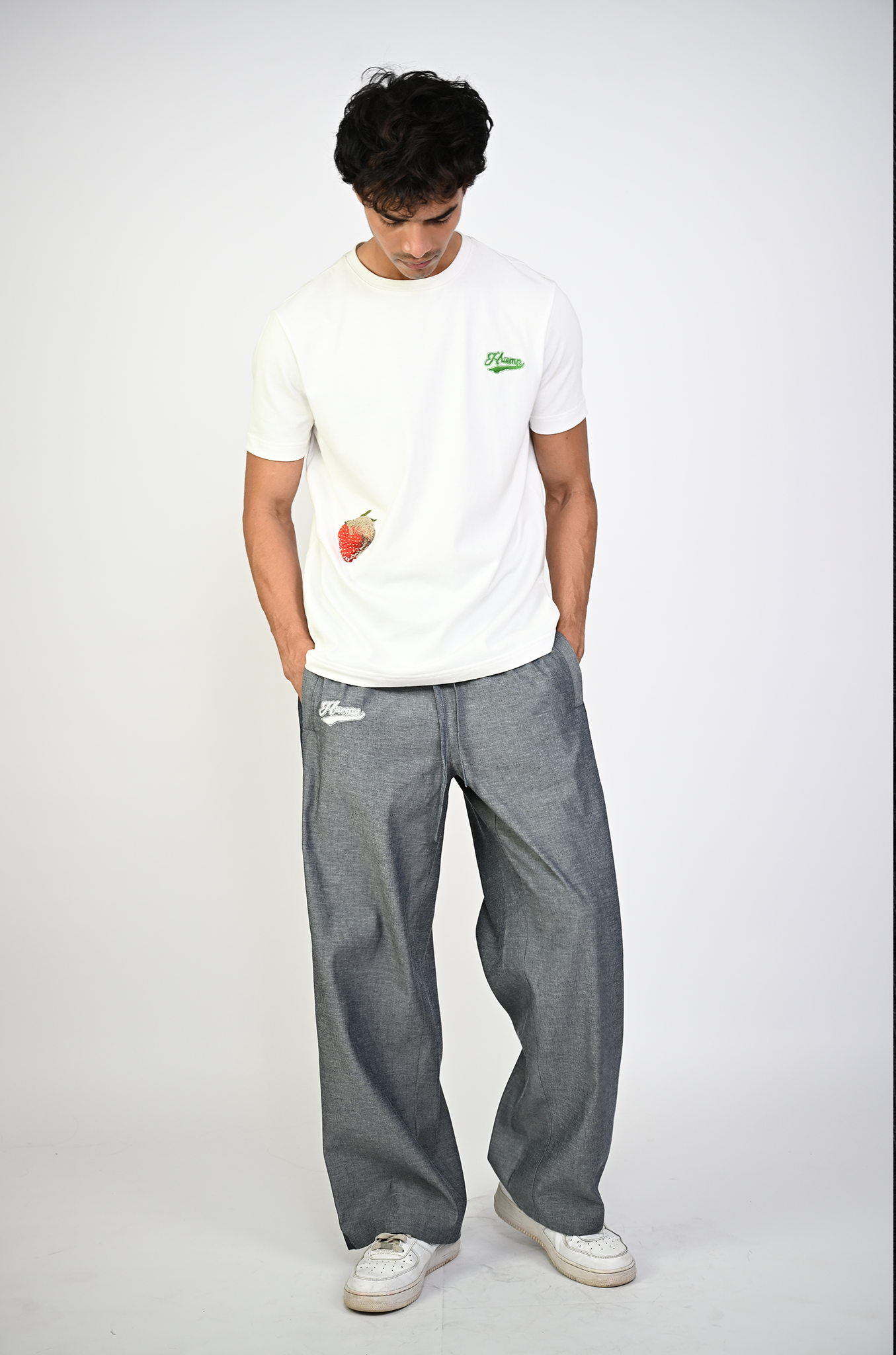 Embroidered denim trackpant with panelled detail (Indigo)