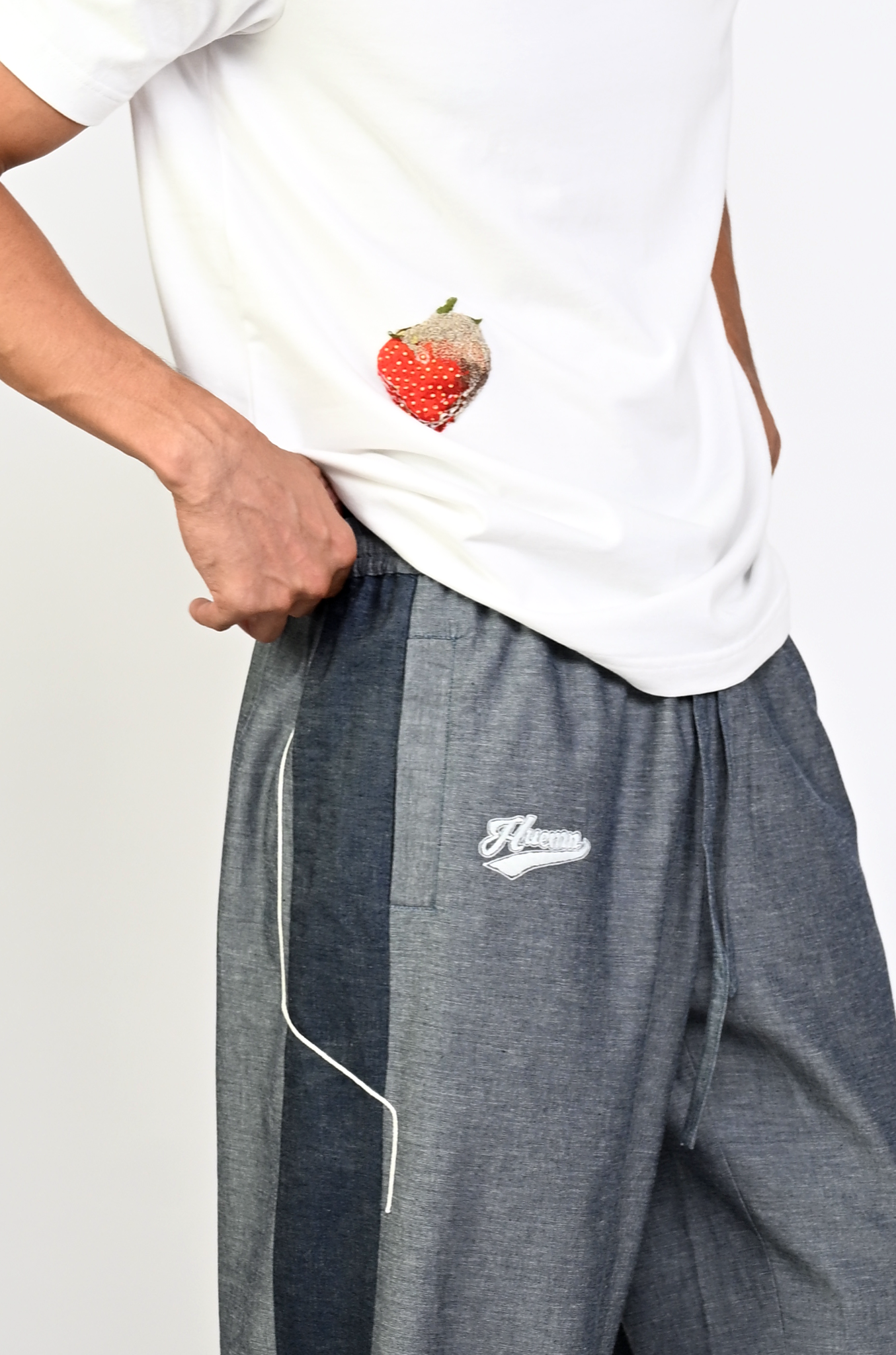 Embroidered denim trackpant with panelled detail (Indigo)
