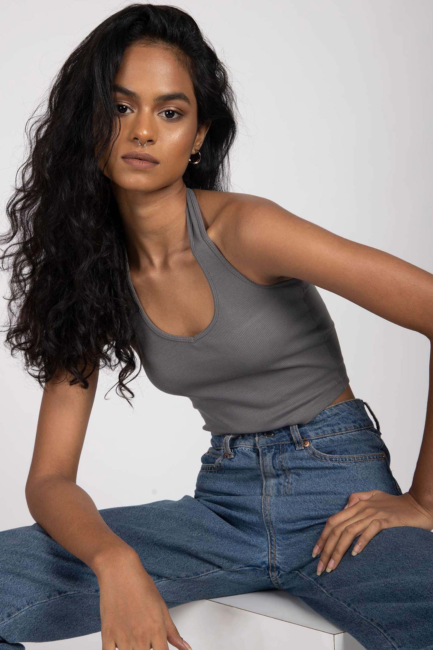 Grey Ribbed Halterneck